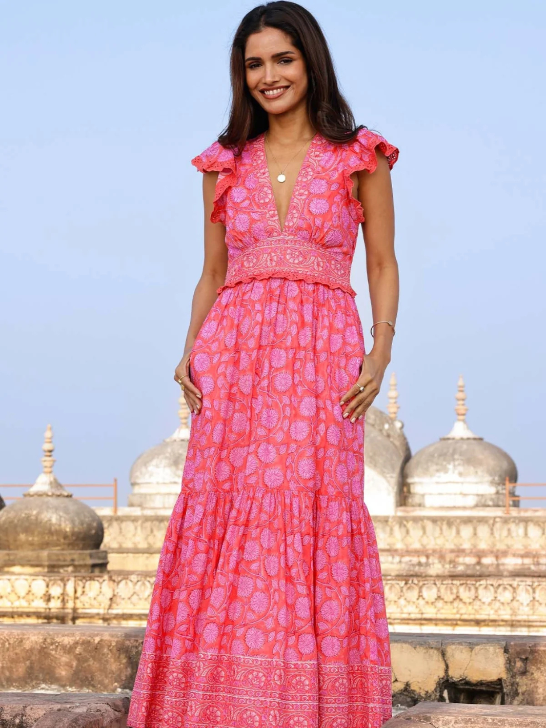 Aspiga Dress Pippa Cotton Dress In Red Pink Block Print From Aspiga