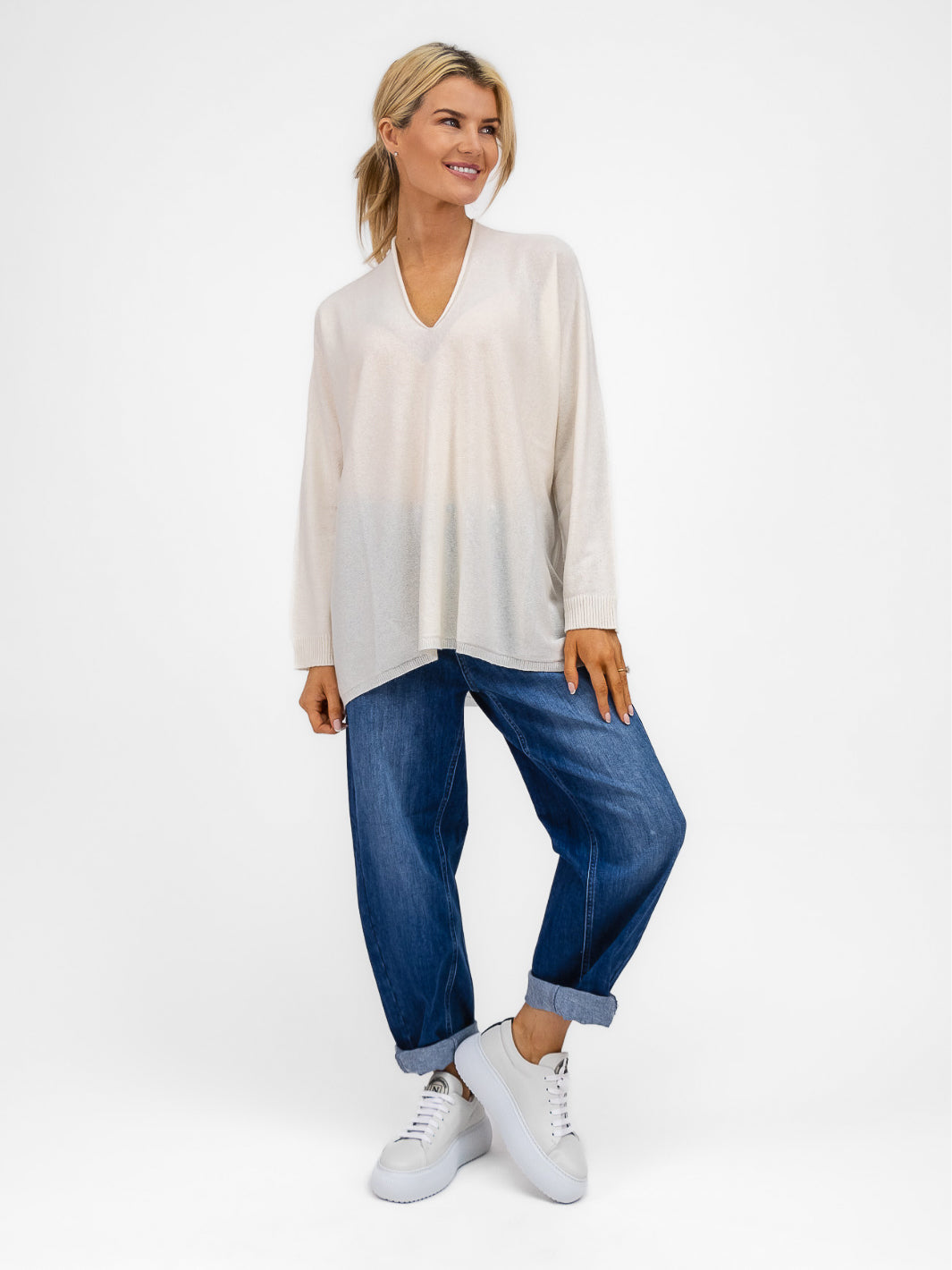 Cashmere By Kate Knitwear One Size Cashmere By Kate V Neck Oversize Sweater In Soft Cream