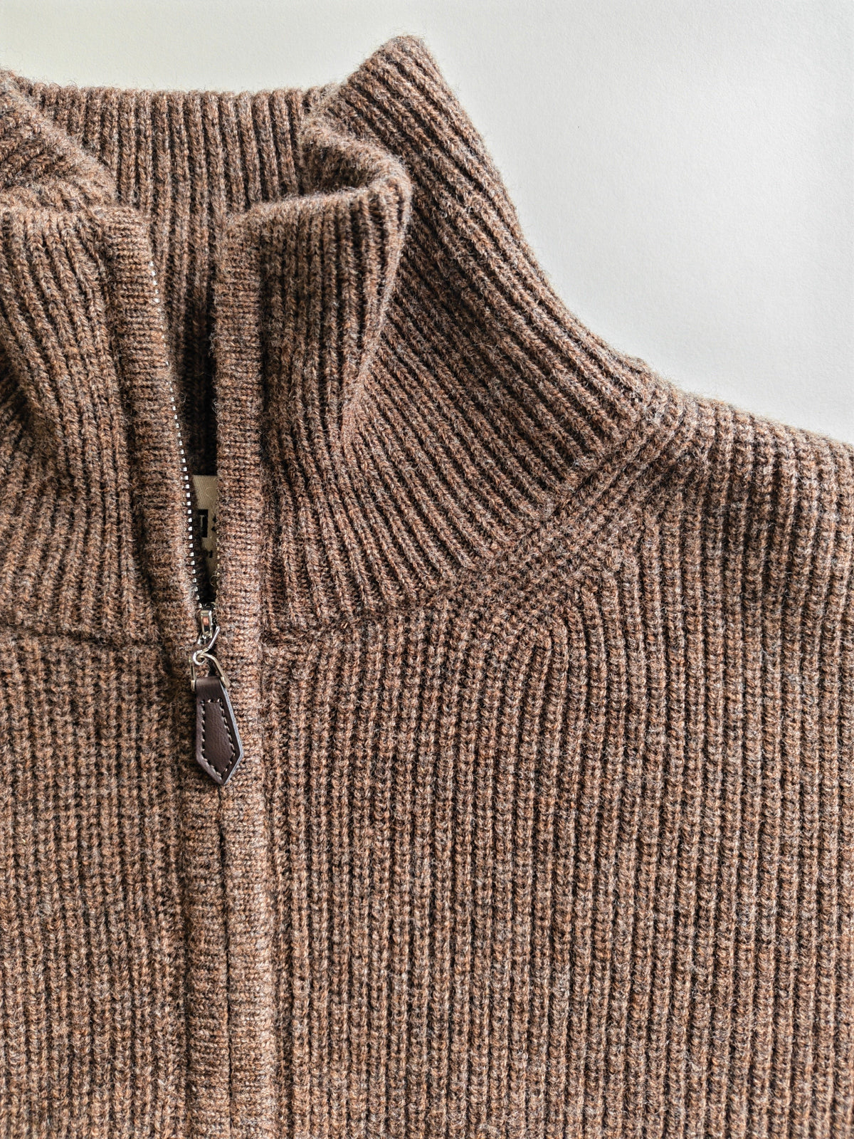 Diffusion by Kate Cardigan Pure Wool Zip Funnel Neck Cardigan in Coffee Melange