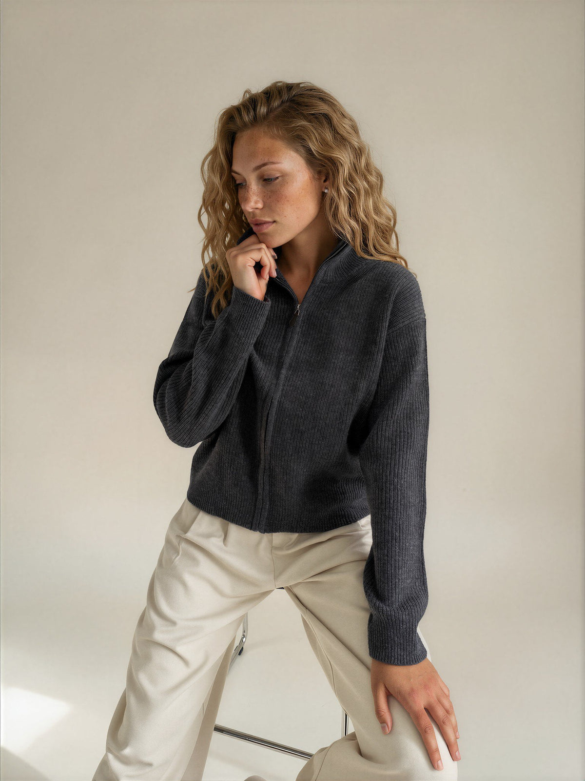 Diffusion by Kate Cardigan Romy Pure Wool Zip Cardigan in Carbon Grey
