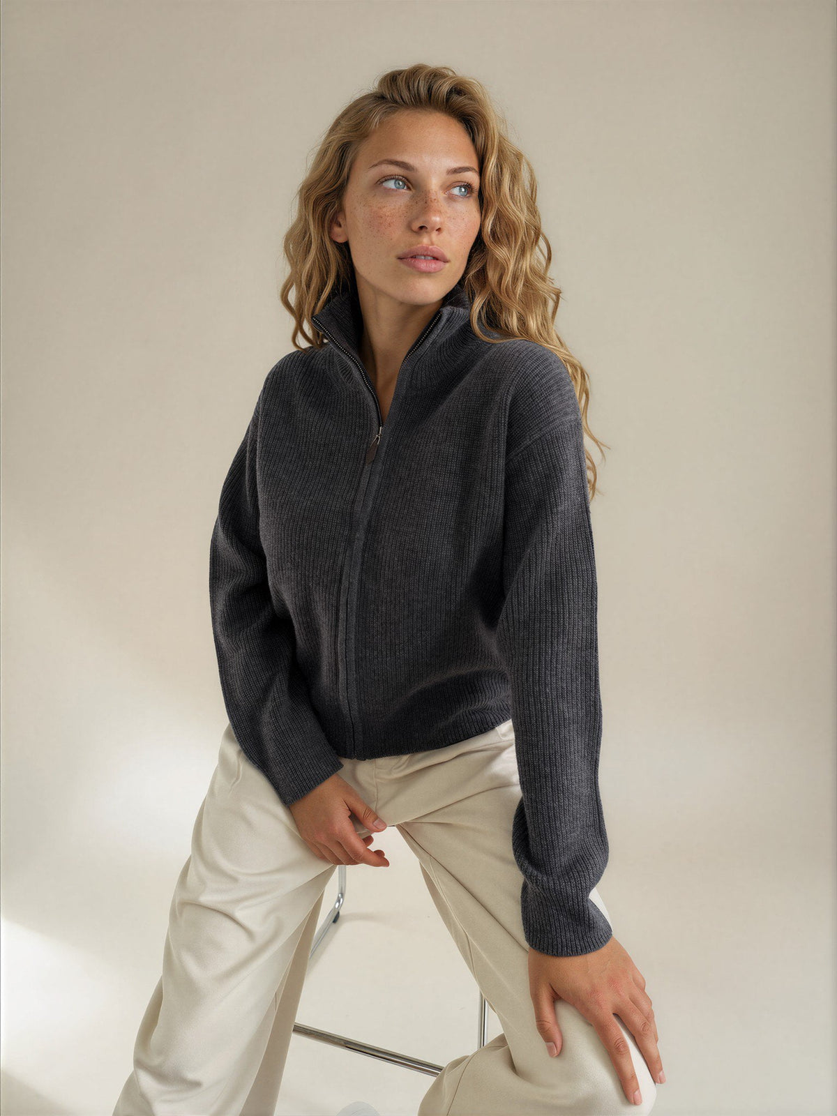 Diffusion by Kate Cardigan Romy Pure Wool Zip Cardigan in Carbon Grey