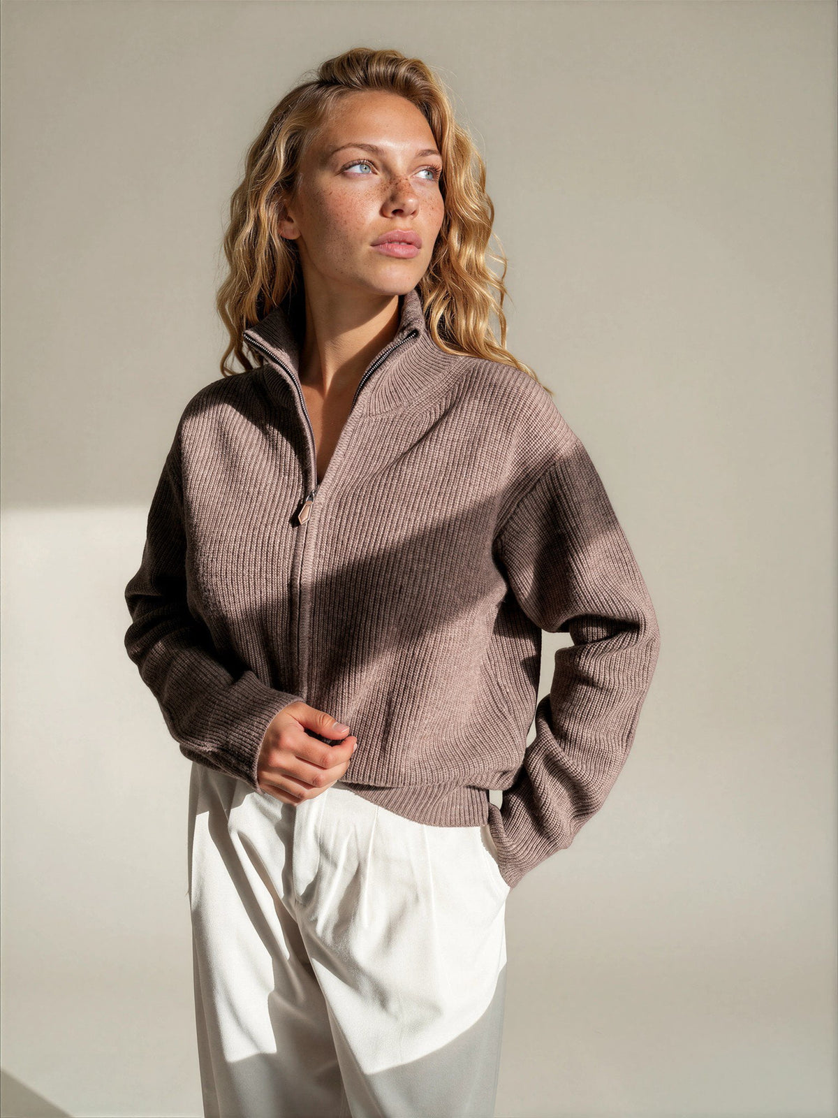 Diffusion by Kate Cardigan Romy Pure Wool Zip Cardigan in Coffee Melange