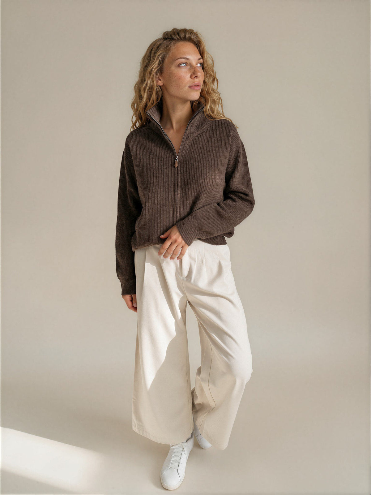 Diffusion by Kate Cardigan Romy Pure Wool Zip Cardigan in Coffee Melange