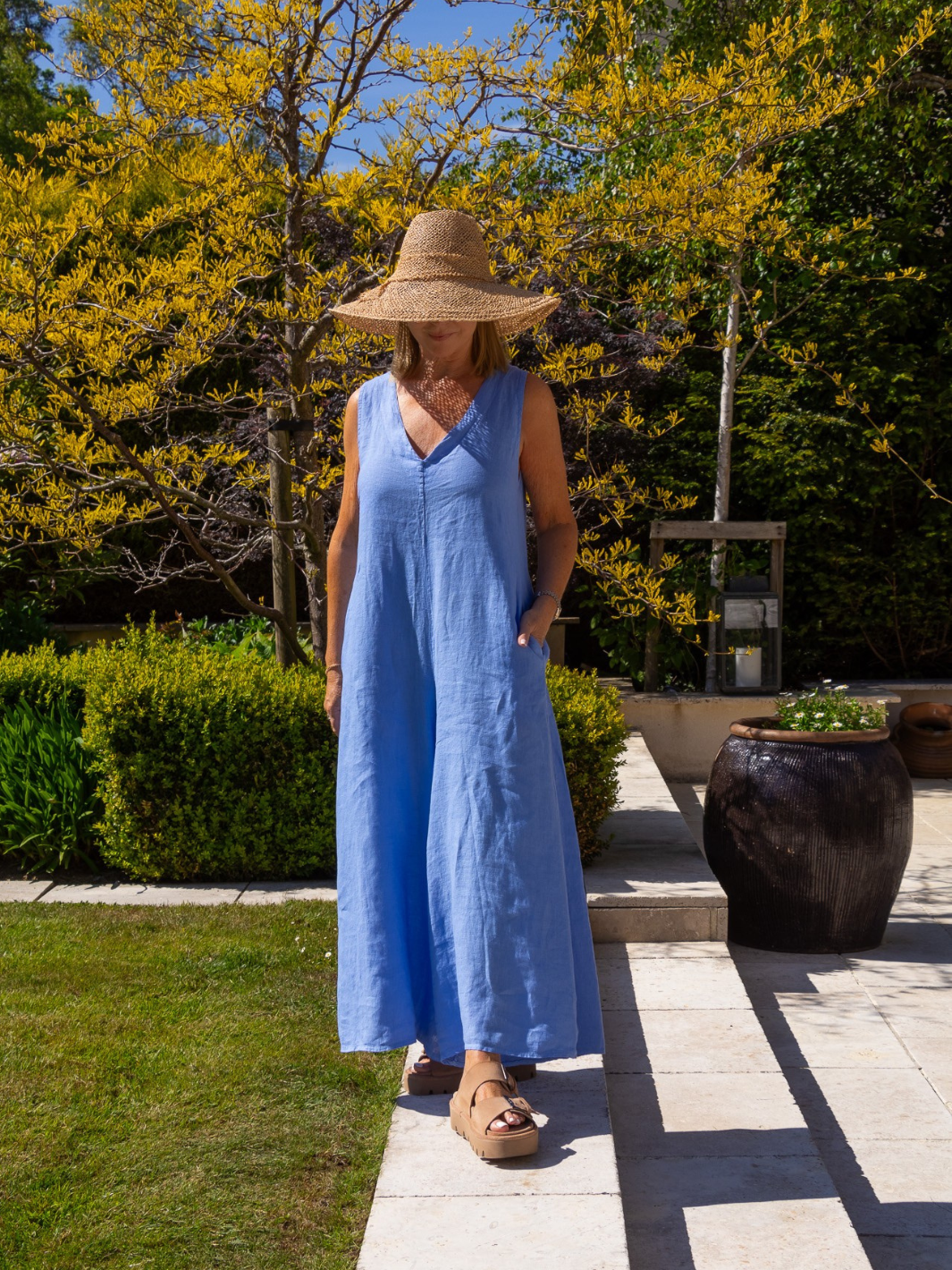 Diffusion By Kate Jumpsuit One Size Linen Jumpsuit In Cornflower Blue