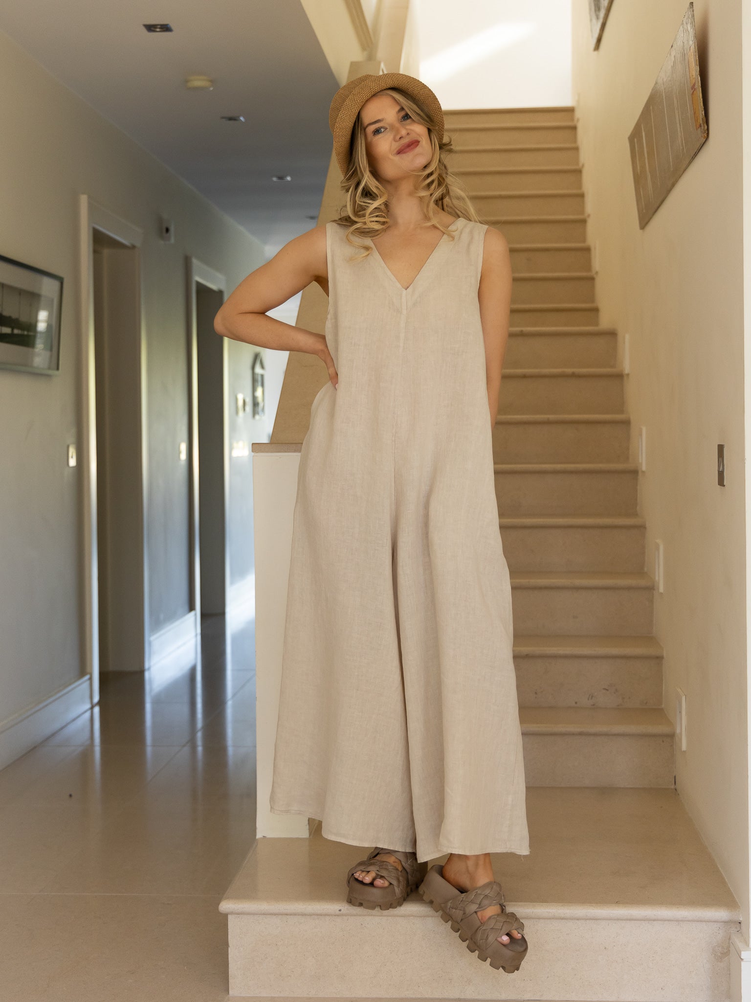 Diffusion By Kate Jumpsuit One Size Linen Jumpsuit In Dark Sand