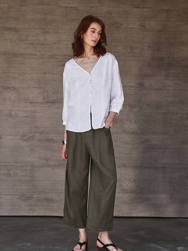 Diffusion by Kate Pants Frankie Pure Linen Pants in Olive Green