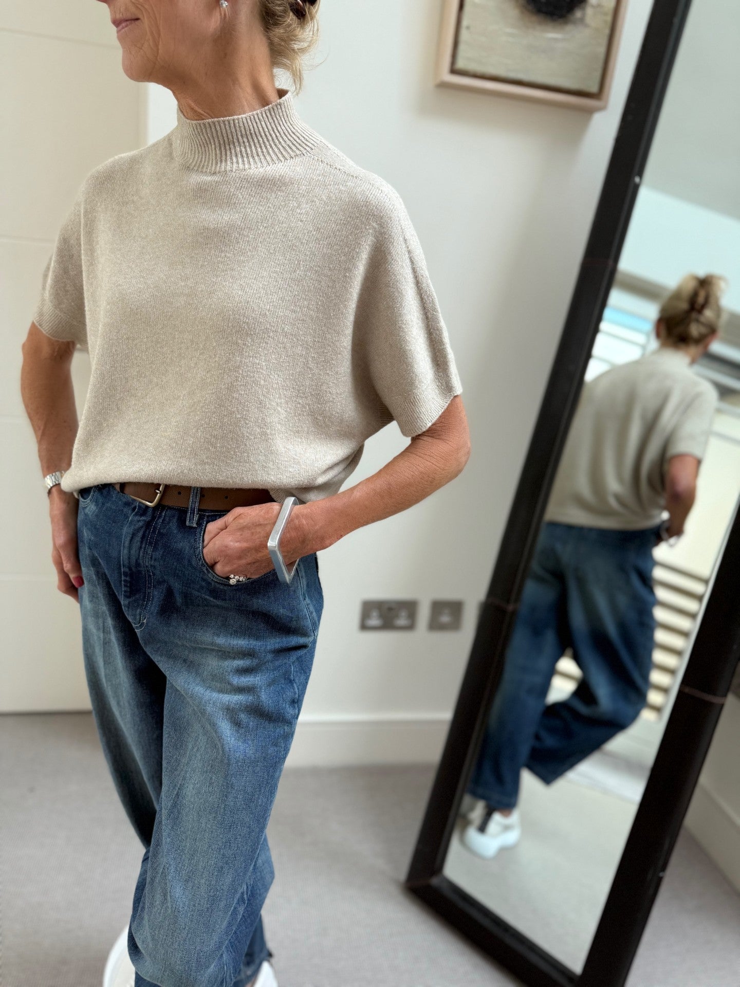 Diffusion by Kate Sweater One Size Grace Crew Sweater in Beige