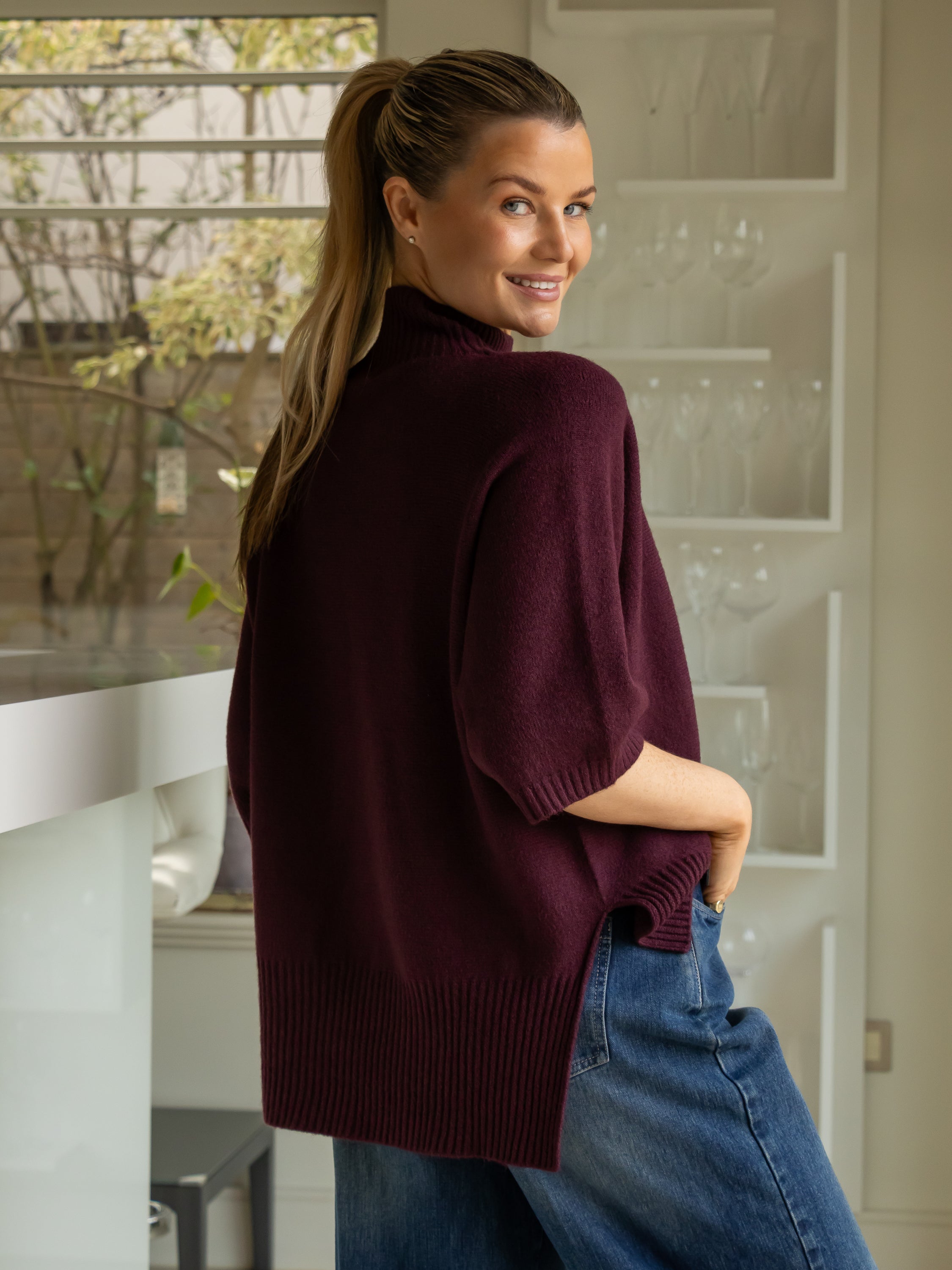 Diffusion by Kate Sweater One Size Josep Dip Back Sweater in Bordeaux