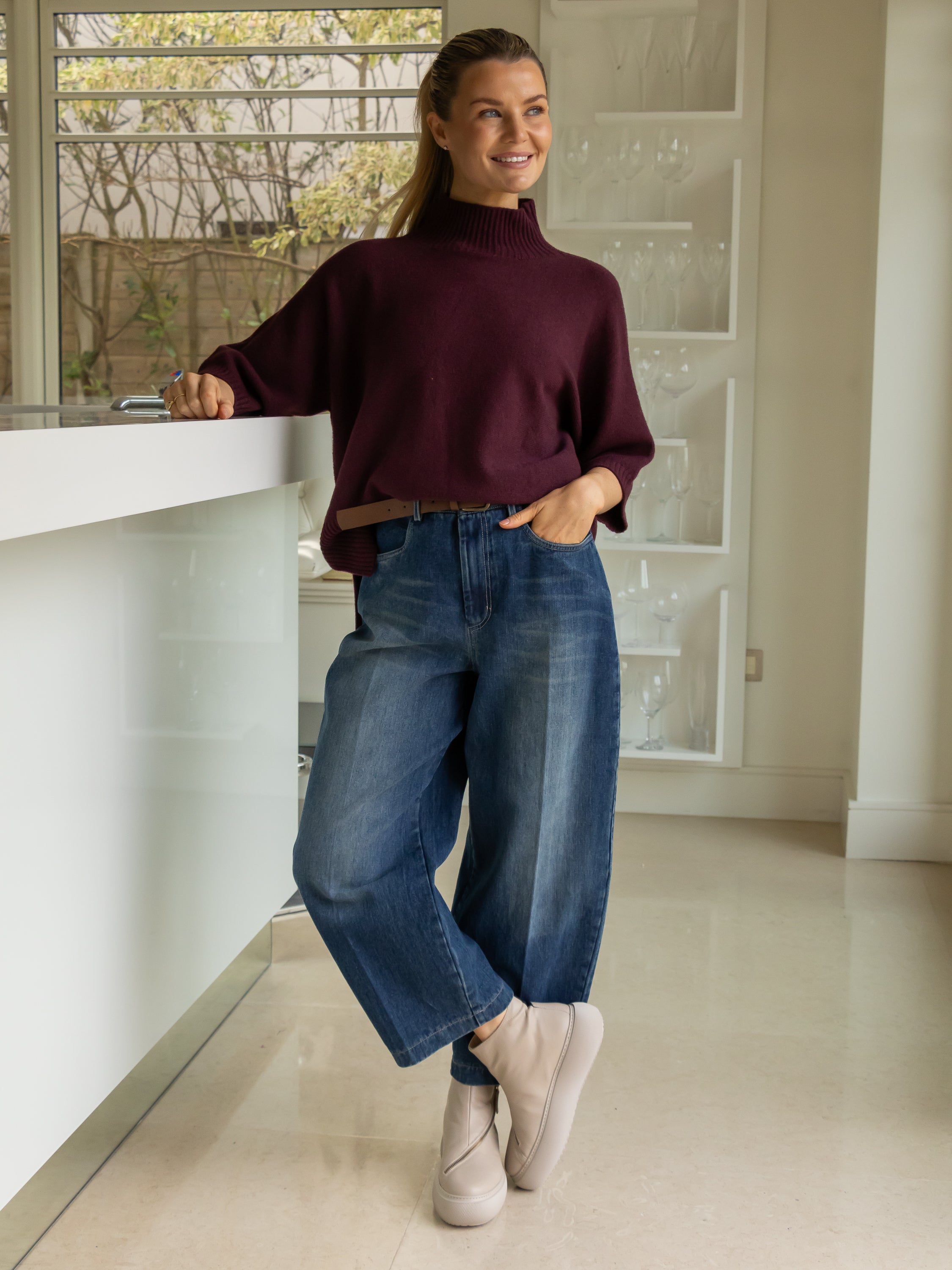 Diffusion by Kate Sweater One Size Josep Dip Back Sweater in Bordeaux