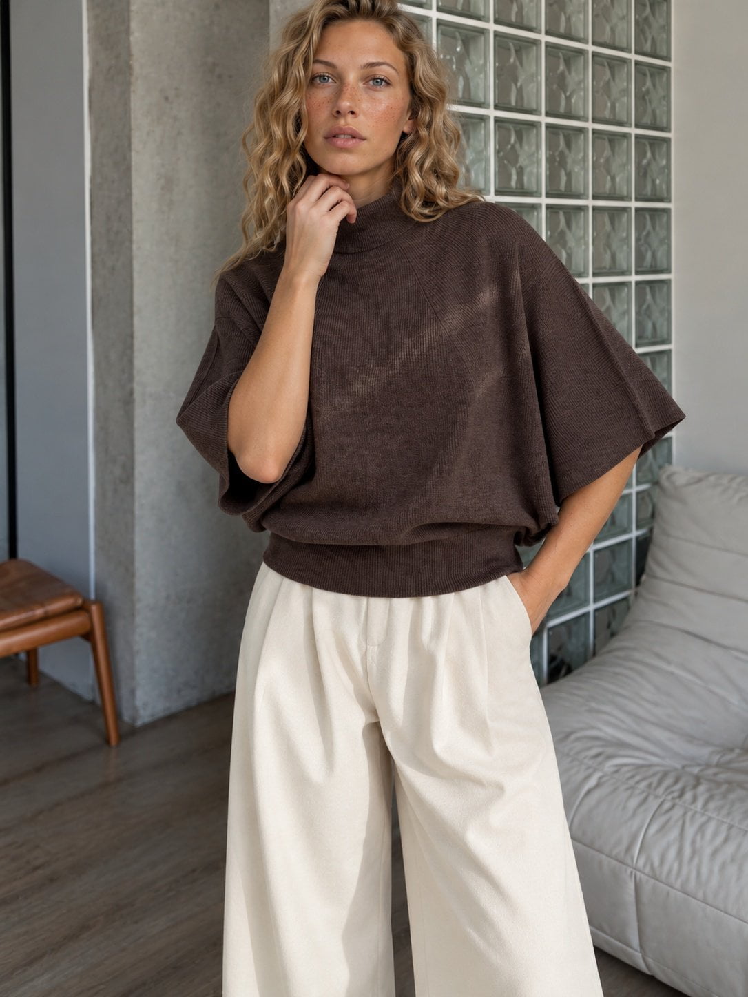 Diffusion by Kate Sweater Margot Pure Wool Cape Sweater in Chocolate Brown