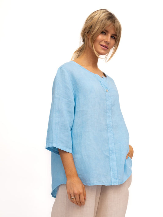 Diffusion by Kate Tops One Size / Blue Lauren Linen Shirt With Buttons In Sky Blue
