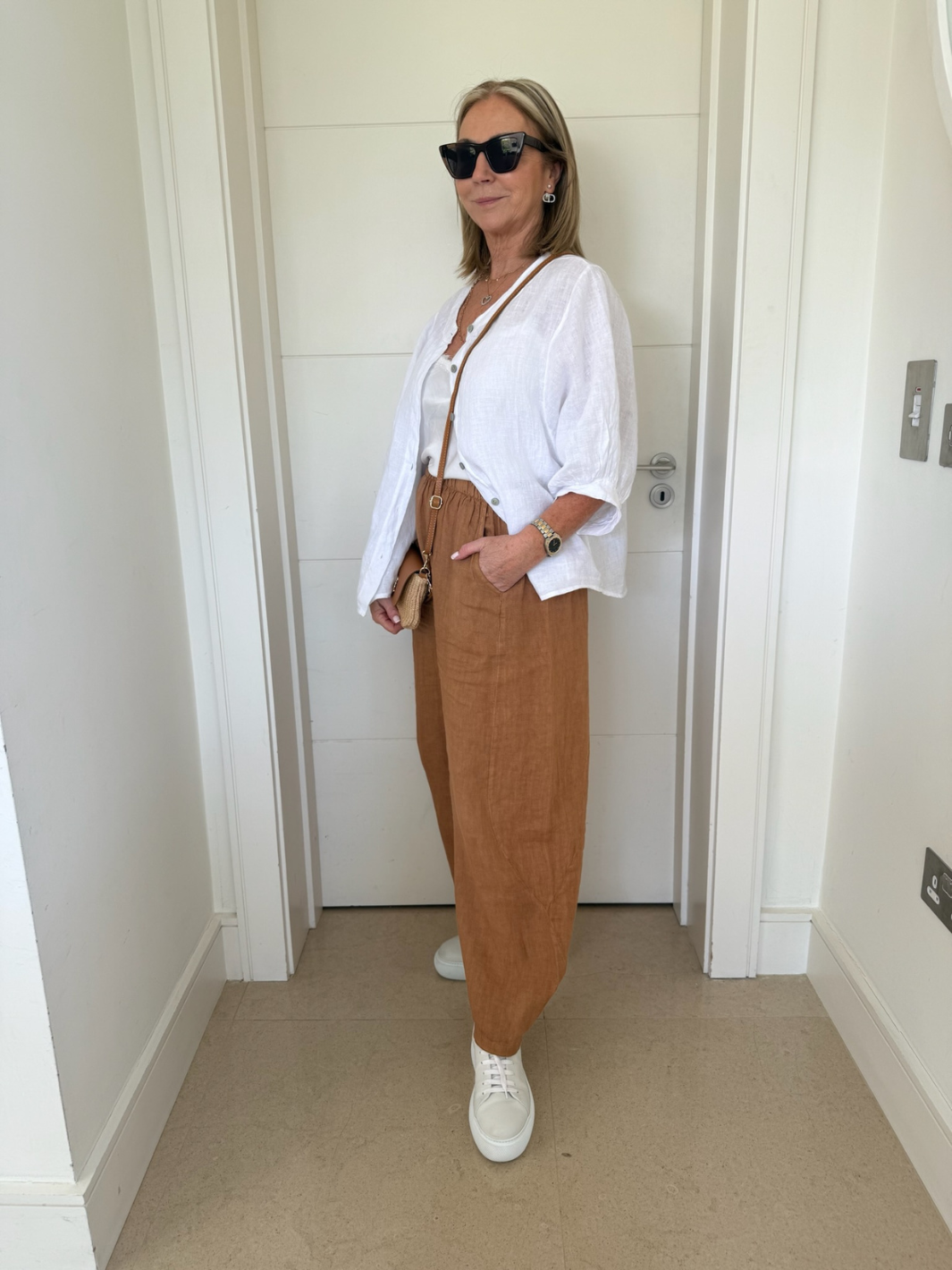 Diffusion By Kate Trousers One Size Barrel Linen Cropped Trousers In Tan