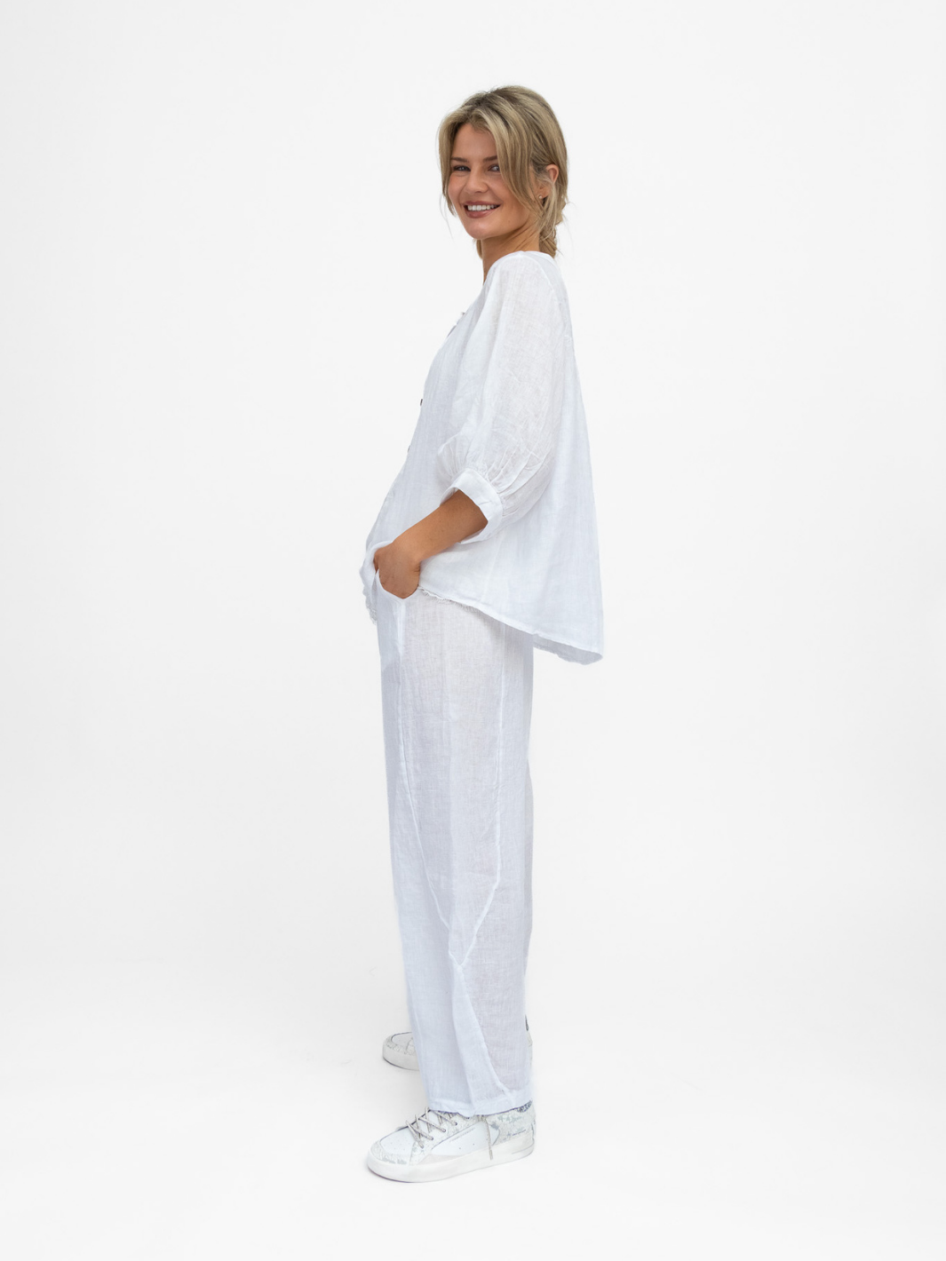 Diffusion By Kate Trousers One Size Barrel Linen Cropped Trousers In White