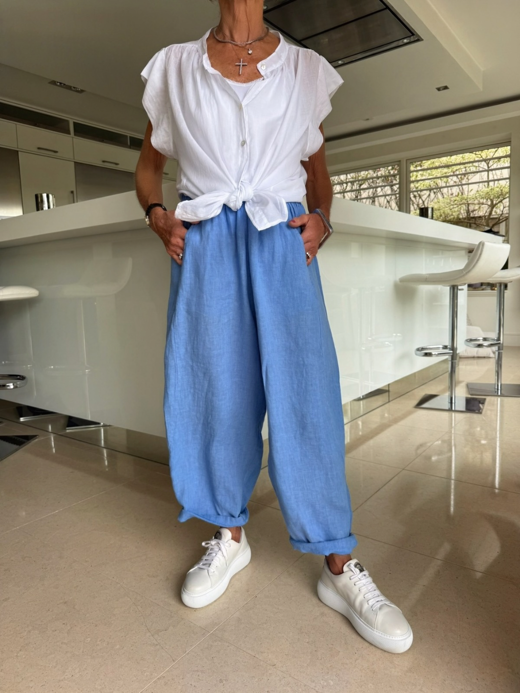 Diffusion By Kate Trousers One Size Barrel Linen Loose Fit Trousers In Denim Blue