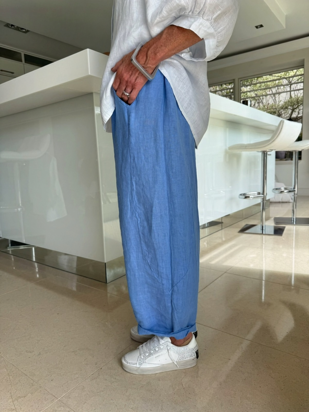 Diffusion By Kate Trousers One Size Barrel Linen Loose Fit Trousers In Denim Blue