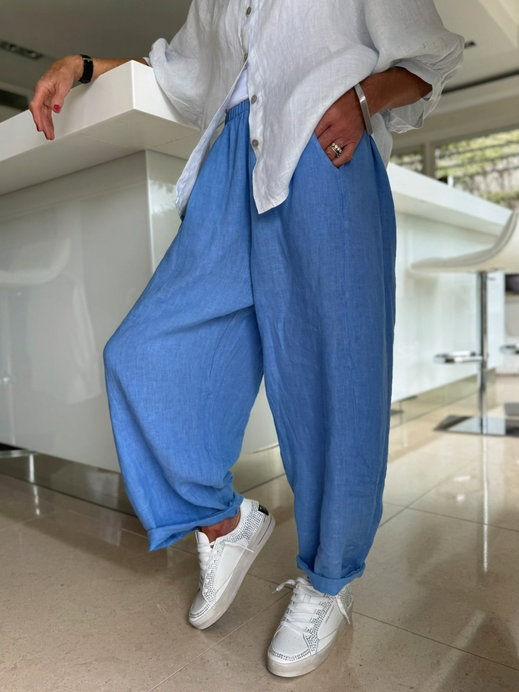 Diffusion By Kate Trousers One Size Barrel Linen Loose Fit Trousers In Denim Blue