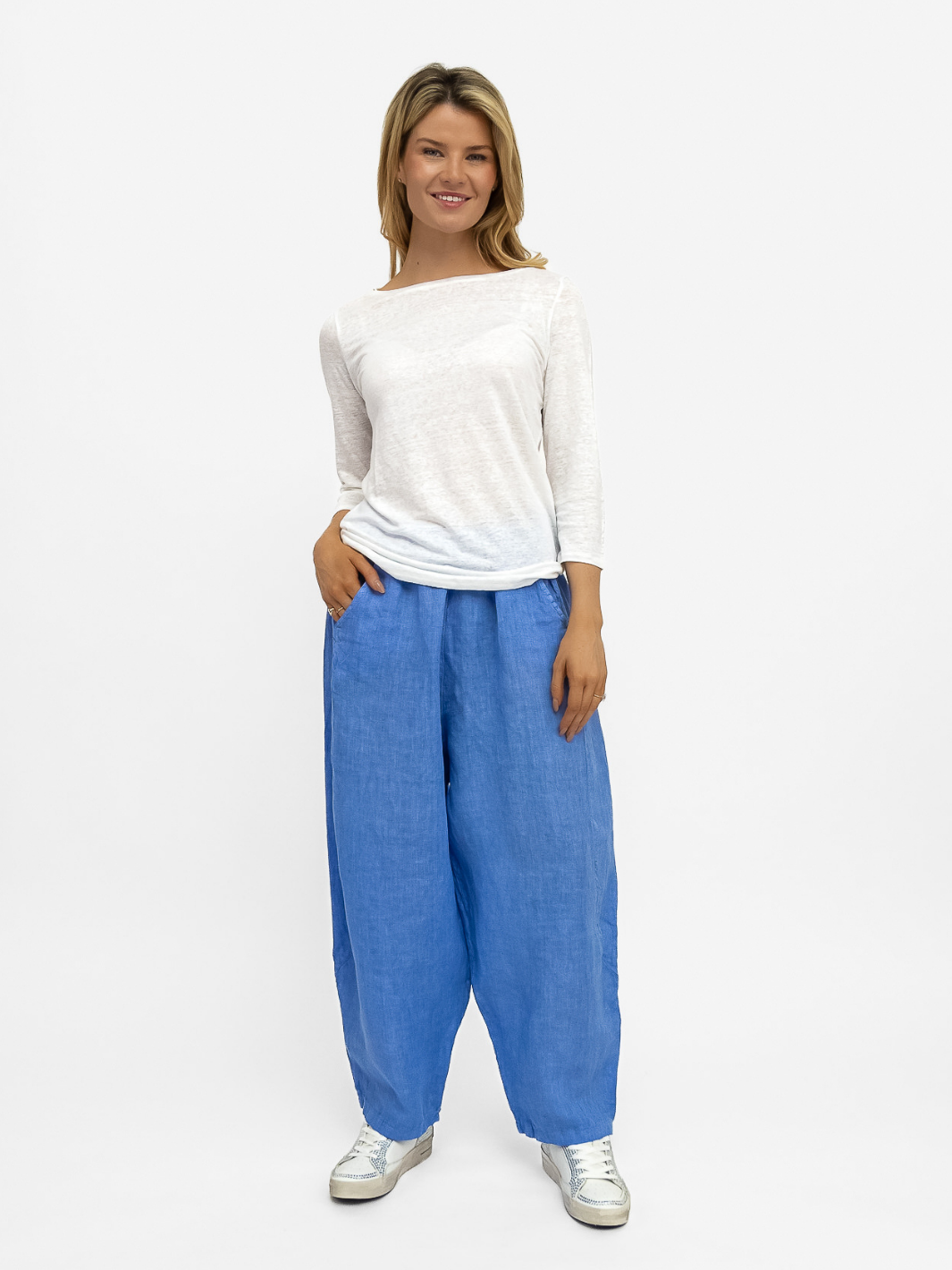 Diffusion By Kate Trousers One Size Barrel Linen Loose Fit Trousers In Denim Blue