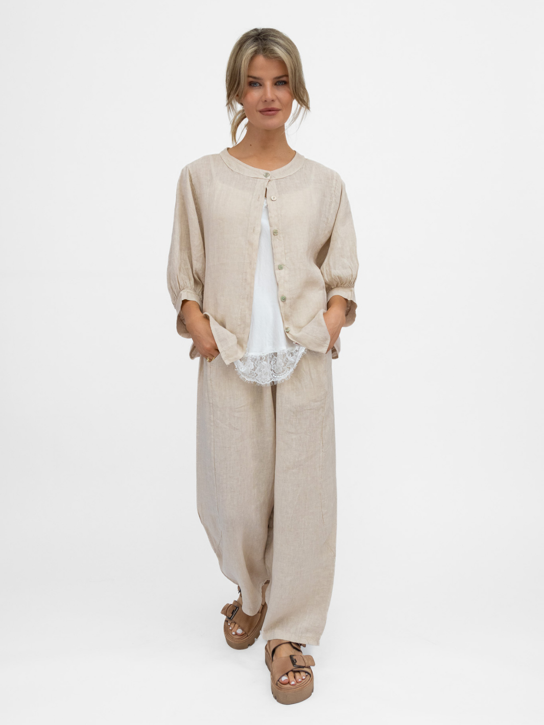Diffusion By Kate Trousers One Size Barrel Linen Loose Fit Trousers In Sand