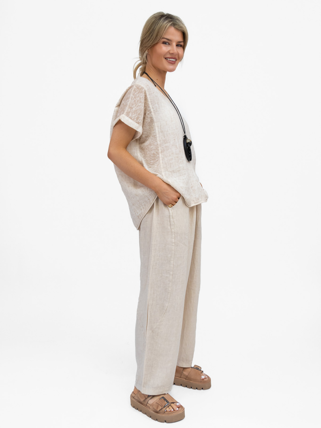 Diffusion By Kate Trousers One Size Barrel Linen Loose Fit Trousers In Sand