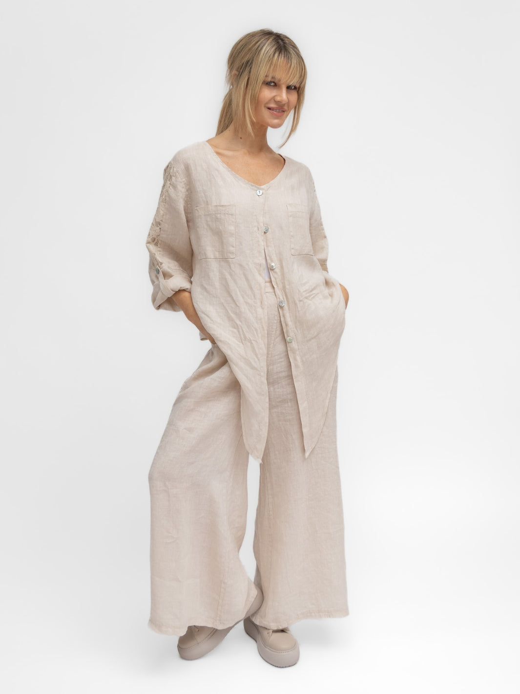 Diffusion by Kate Trousers One Size Linen Palazzo Trousers in Sand