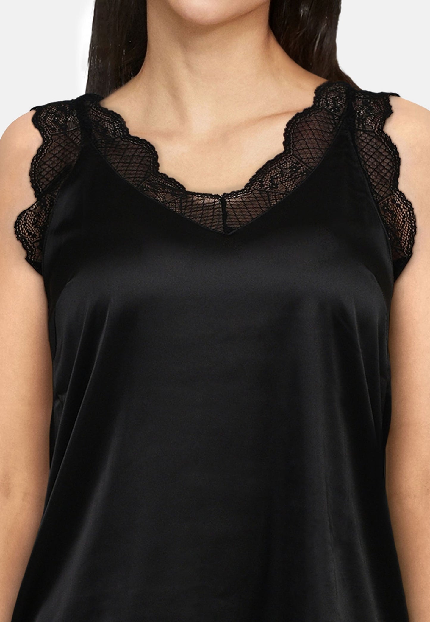 Diffusion.ie Top Sisters Point Satin Lace trim camisole in black