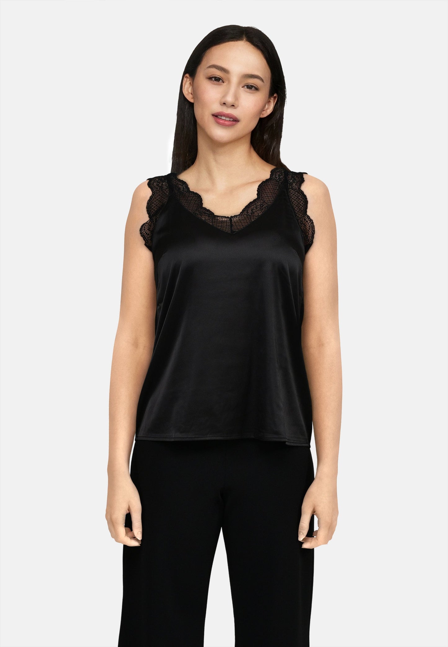 Diffusion.ie Top Sisters Point Satin Lace trim camisole in black