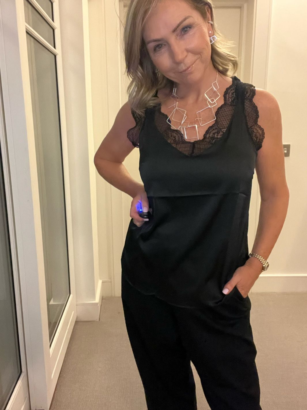Diffusion.ie Top Sisters Point Satin Lace trim camisole in black