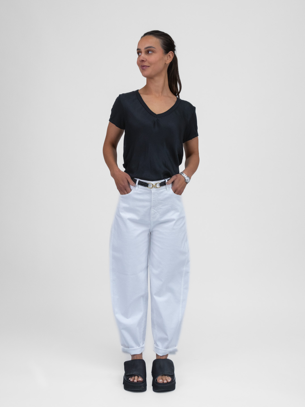 Diffusion.ie Tops One Size Bias Cut Silky V Neck Tee In Black