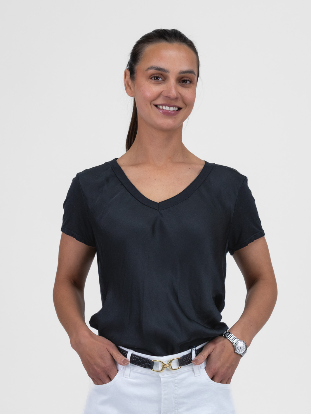 Diffusion.ie Tops One Size Bias Cut Silky V Neck Tee In Black