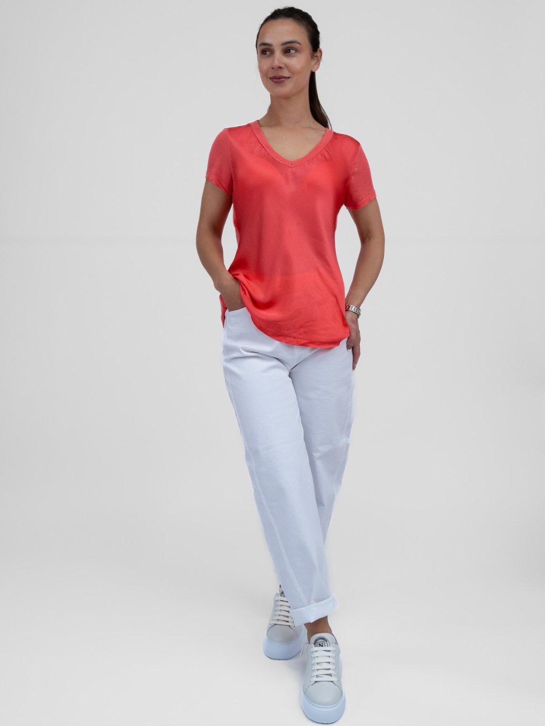 Diffusion.ie Tops One Size Bias Cut Silky V Neck Tee In Coral