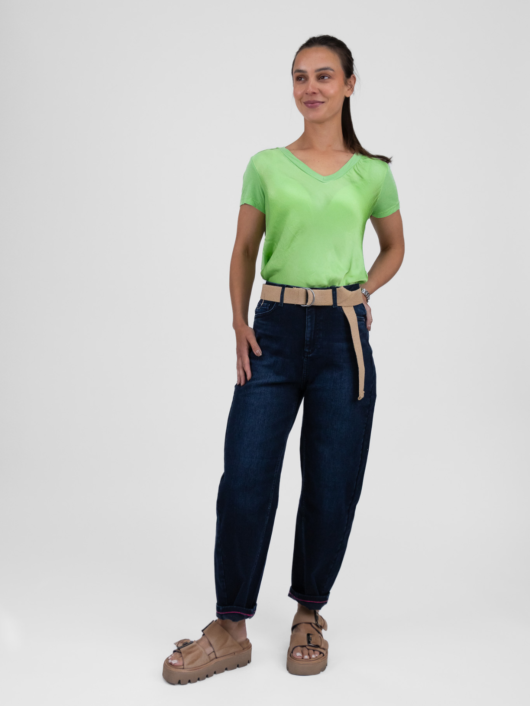 Diffusion.ie Tops One Size Bias Cut Silky V Neck Tee In Lime
