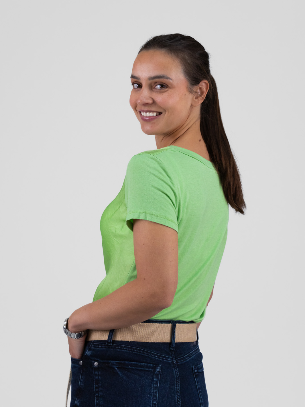 Diffusion.ie Tops One Size Bias Cut Silky V Neck Tee In Lime