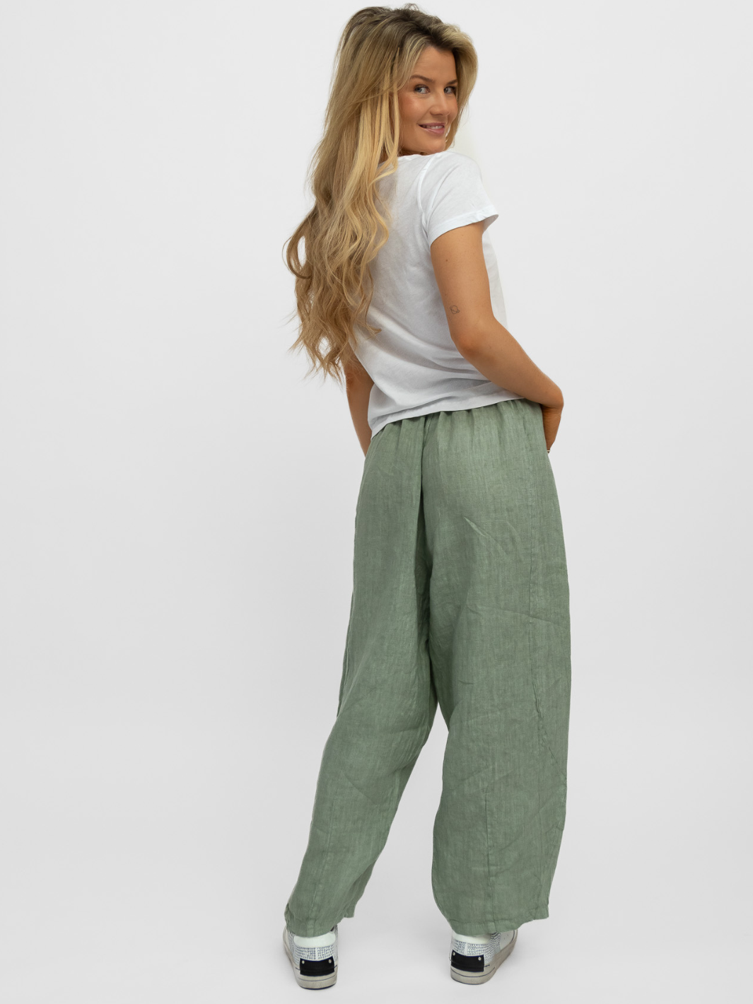 Diffusion.ie Trousers One Size Barrel Linen Loose Fit Trousers In Khaki
