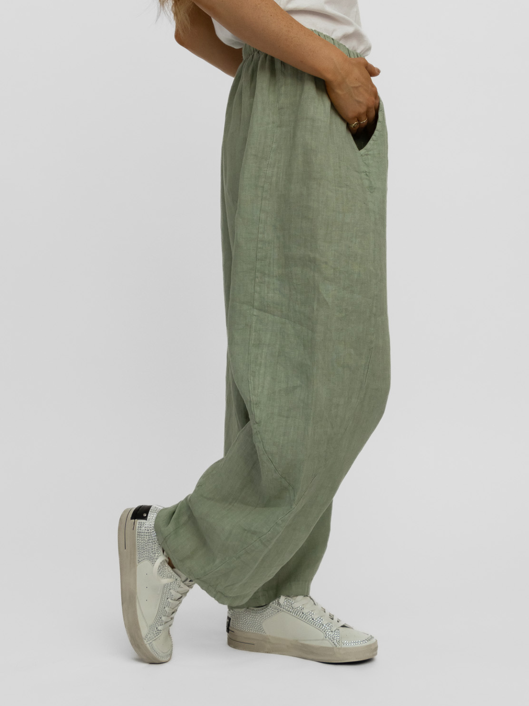 Diffusion.ie Trousers One Size Barrel Linen Loose Fit Trousers In Khaki