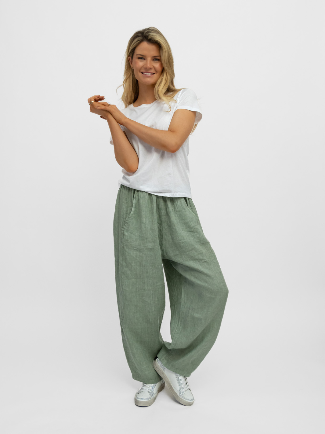 Diffusion.ie Trousers One Size Barrel Linen Loose Fit Trousers In Khaki