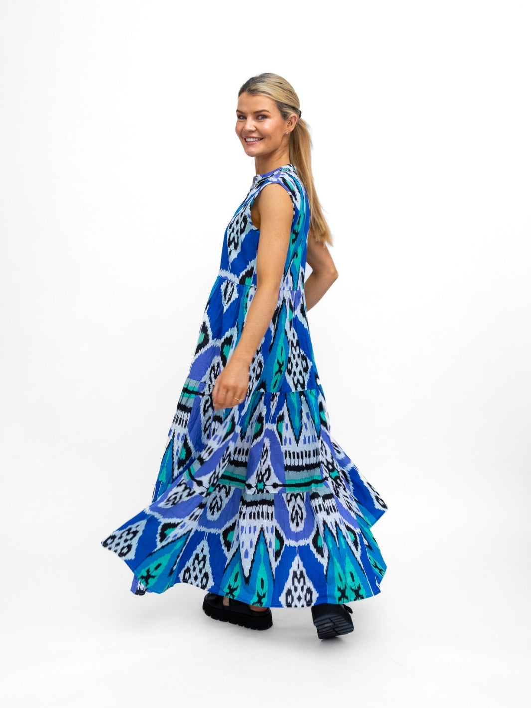 Dream Dresses Dress Geisha Maxi Dress In Ikat Blue Aqua Print