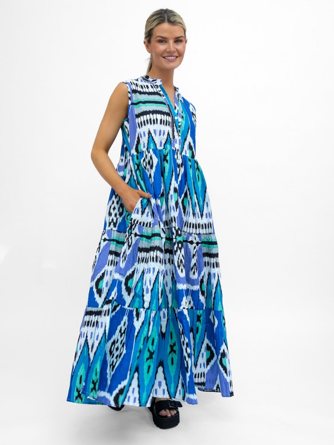 Dream Dresses Dress Geisha Maxi Dress In Ikat Blue Aqua Print