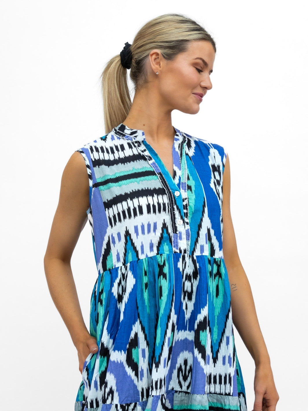 Dream Dresses Dress Geisha Maxi Dress In Ikat Blue Aqua Print