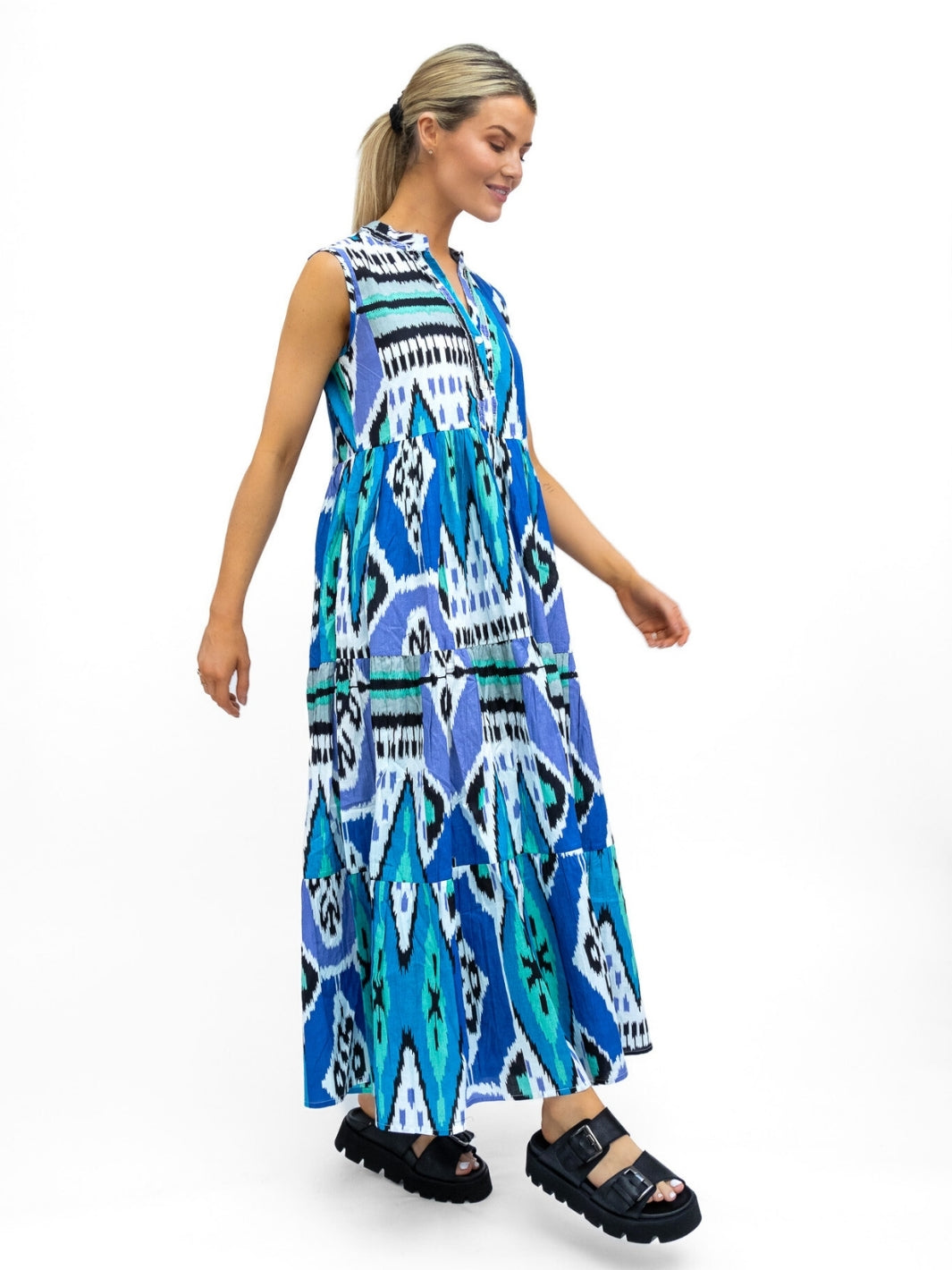 Dream Dresses Dress Geisha Maxi Dress In Ikat Blue Aqua Print