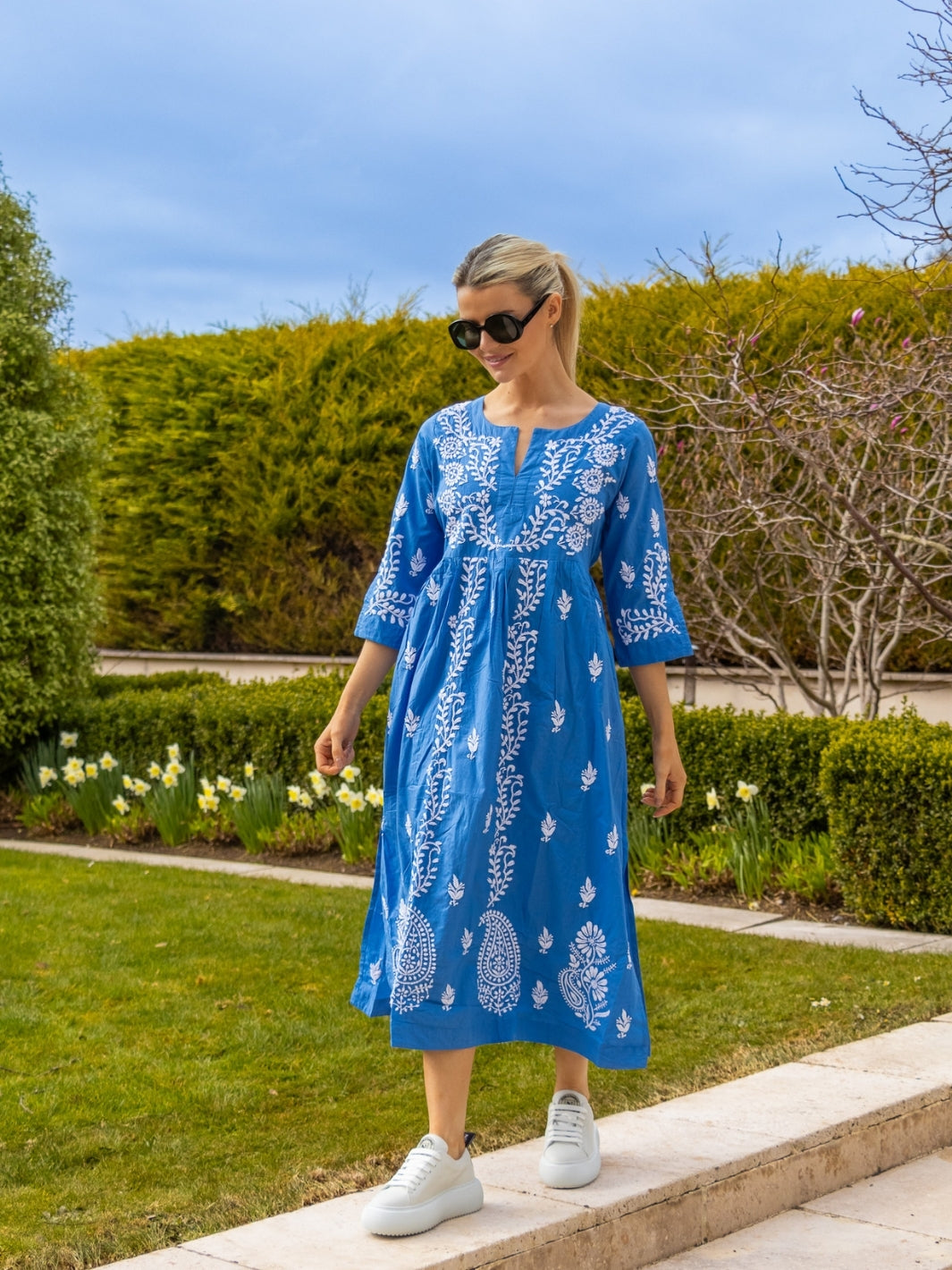 Dream Dresses Dress Jumairah Cotton Dress In Sky Blue With Embroidery