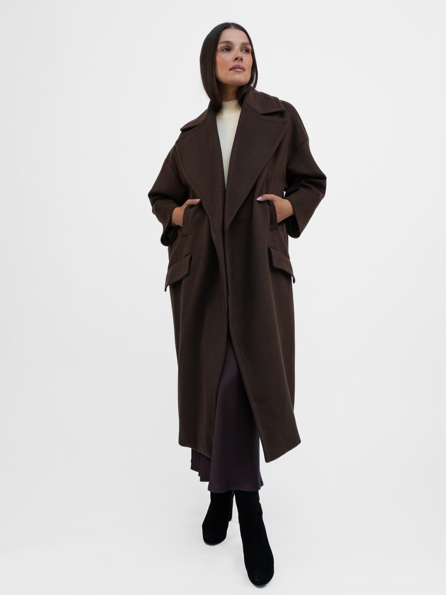 Italian Collection Coat One Size Garbo Classic Oversized Coat in Deep Chocolate Brown