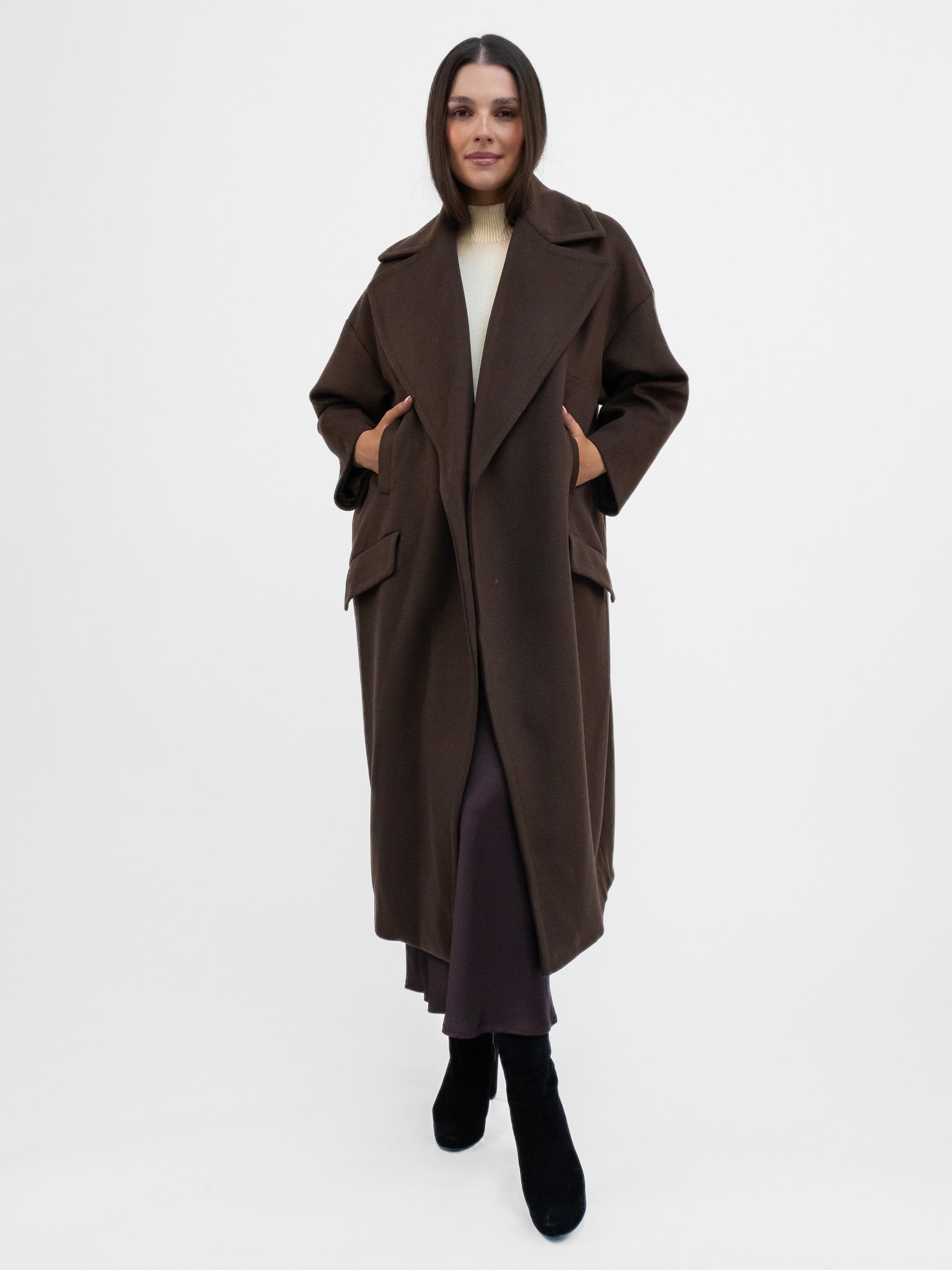 Italian Collection Coat One Size Garbo Classic Oversized Coat in Deep Chocolate Brown
