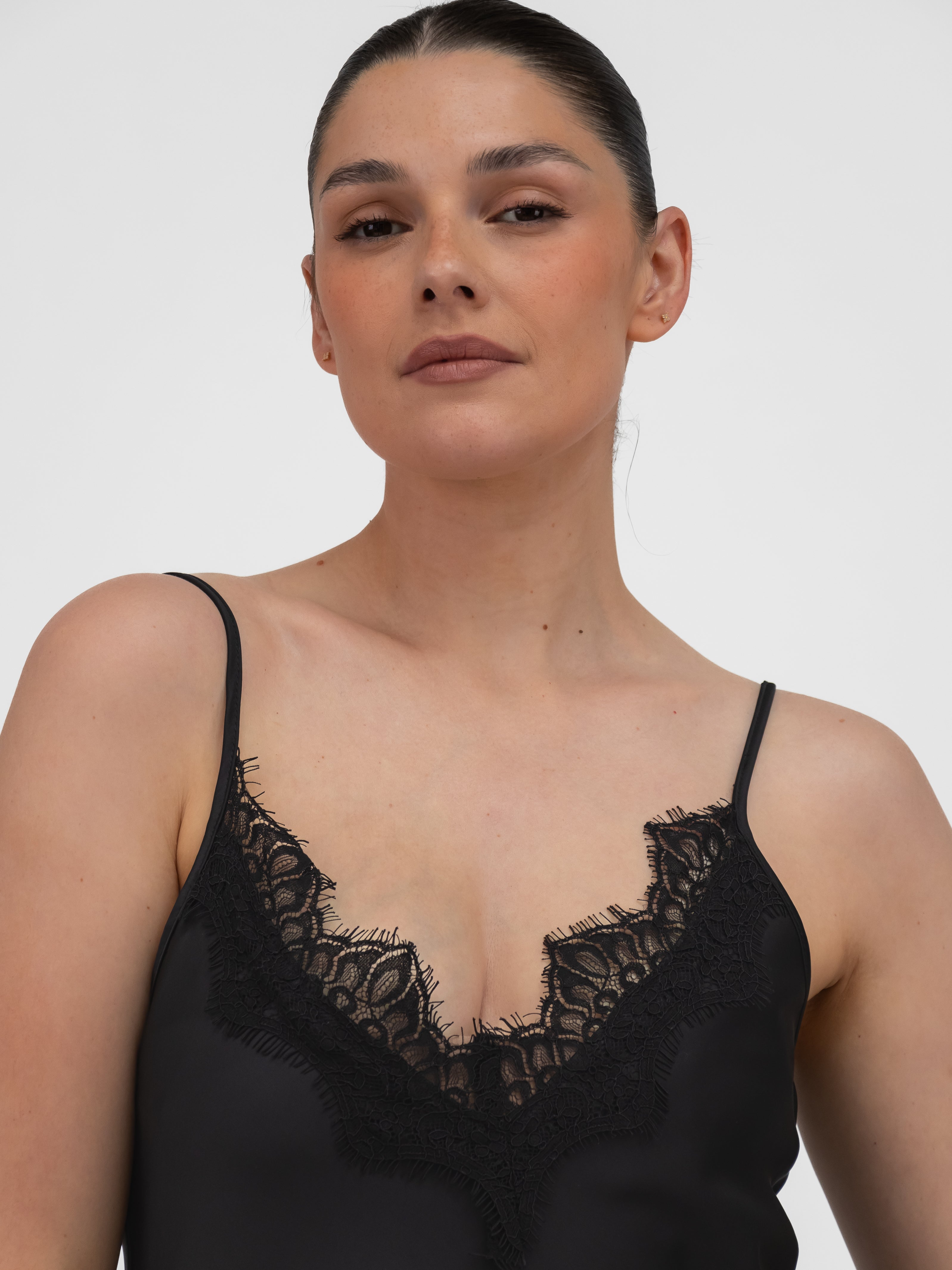 Italian Collection Dress Long Dress with Straps and Lace V-Neckline in Black