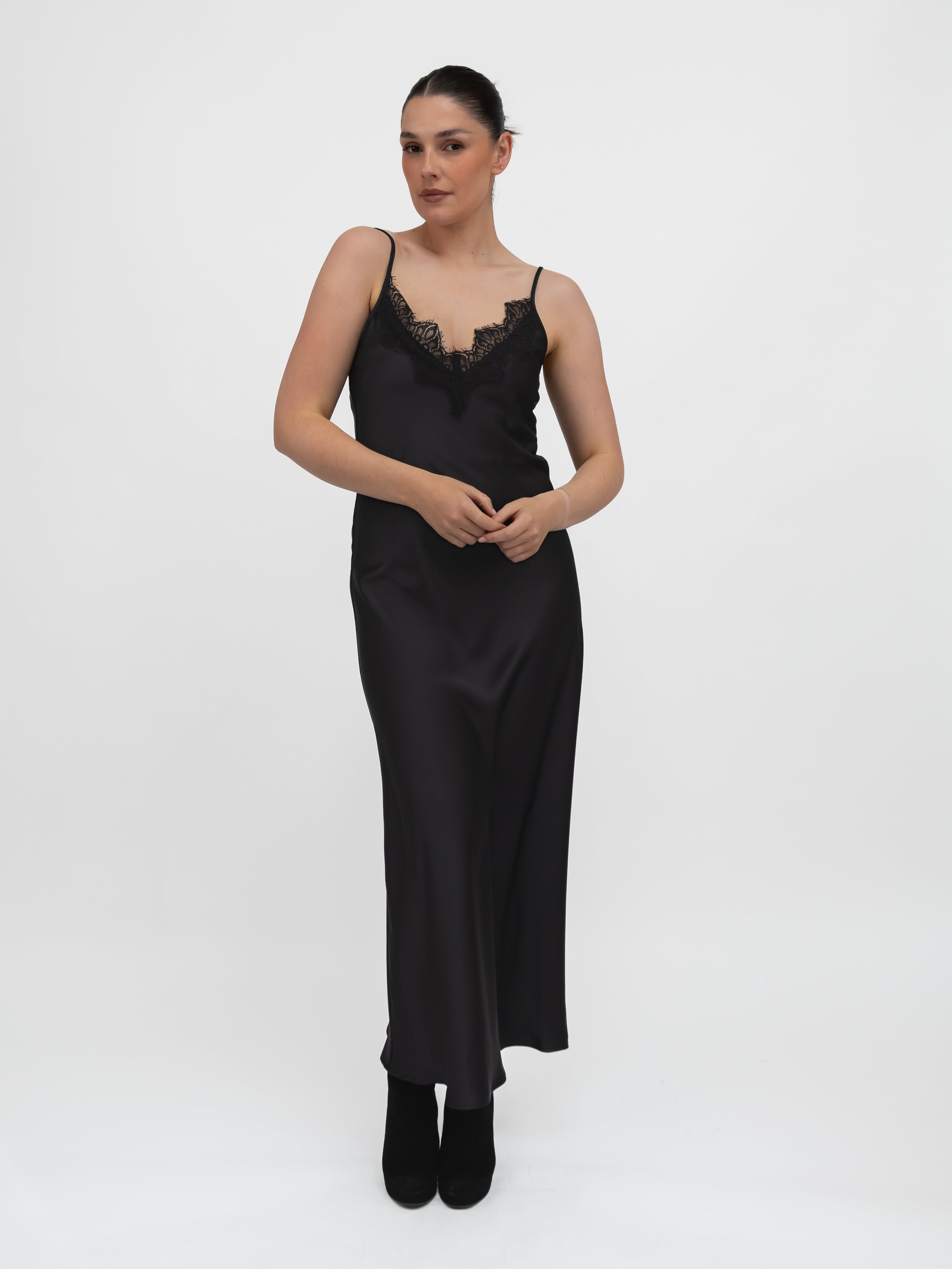 Italian Collection Dress Long Dress with Straps and Lace V-Neckline in Black