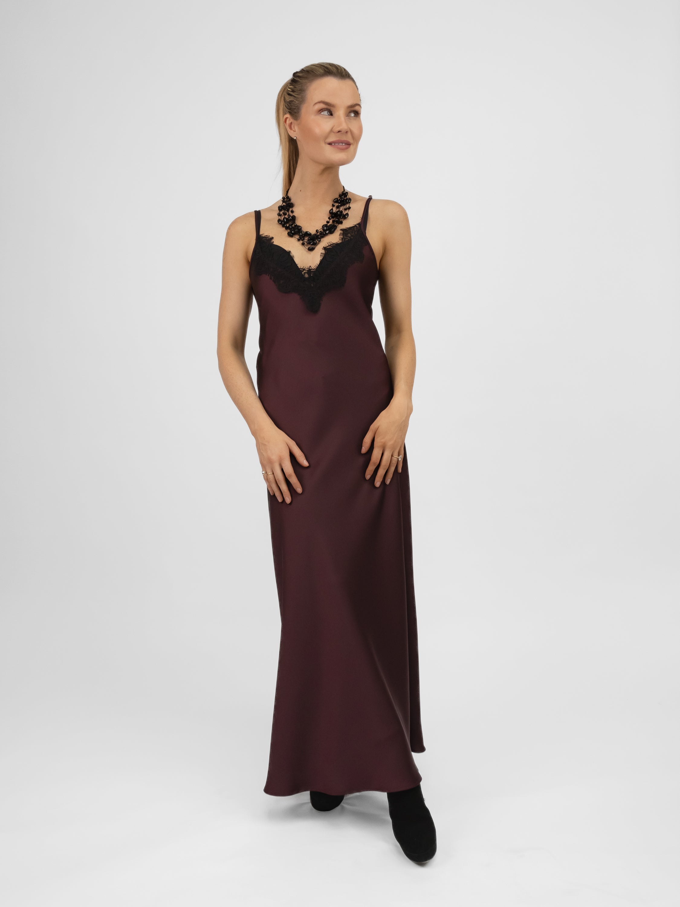 Italian Collection Dress Long Dress with Straps and Lace V-Neckline in Burgundy
