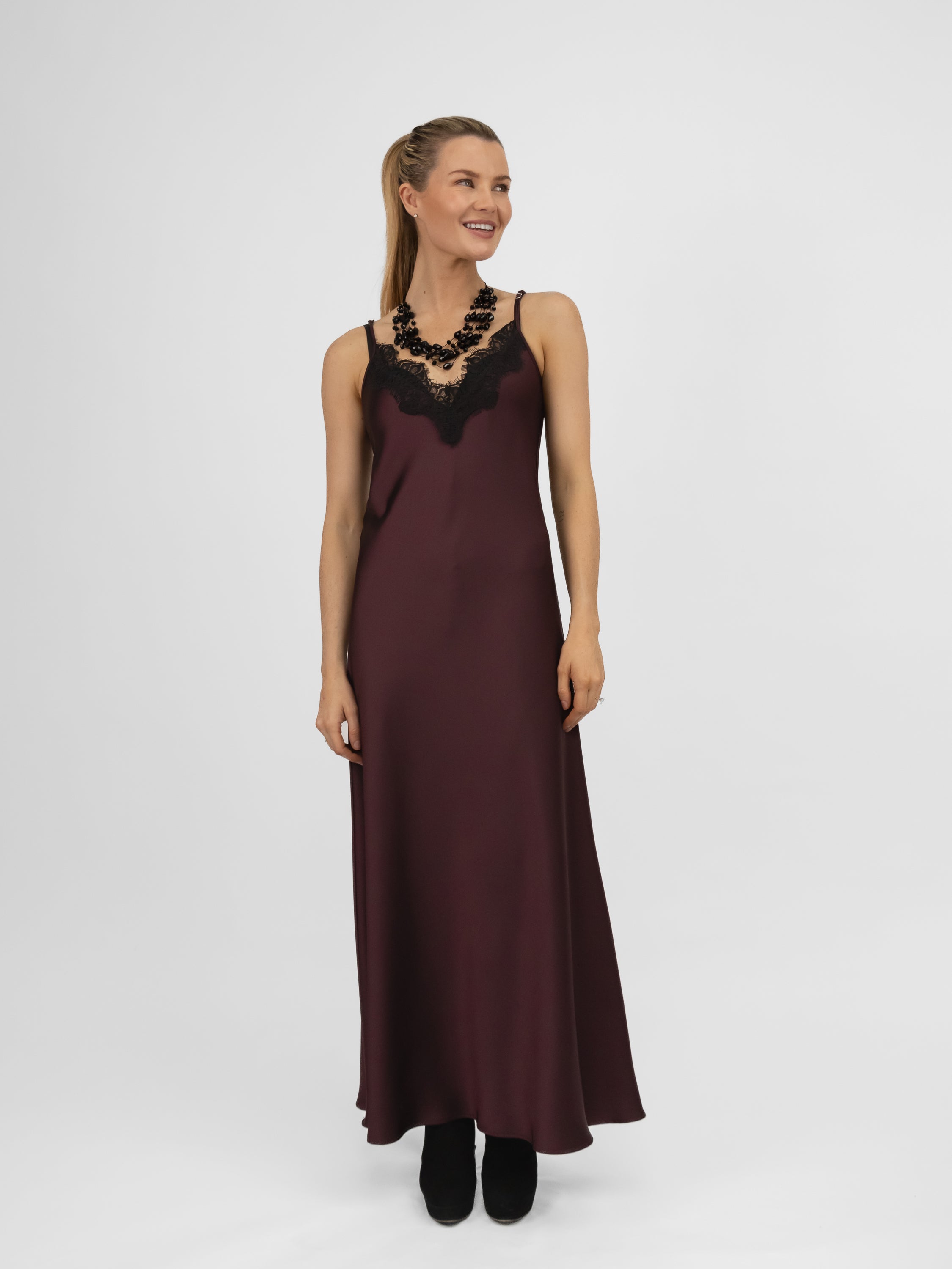 Italian Collection Dress Long Dress with Straps and Lace V-Neckline in Burgundy