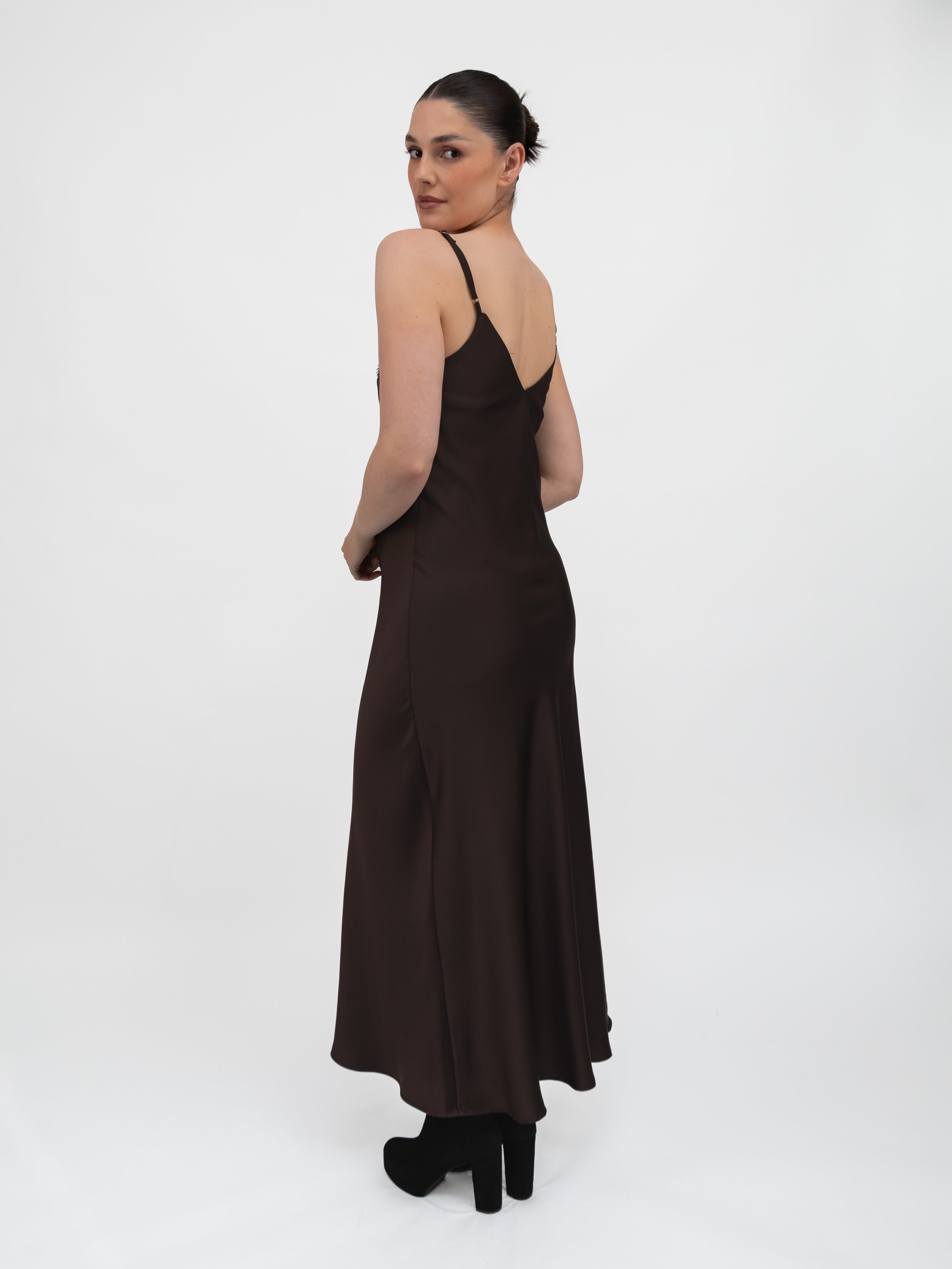 Italian Collection Dress Long Dress with Straps and Lace V-Neckline in Chocolate Brown