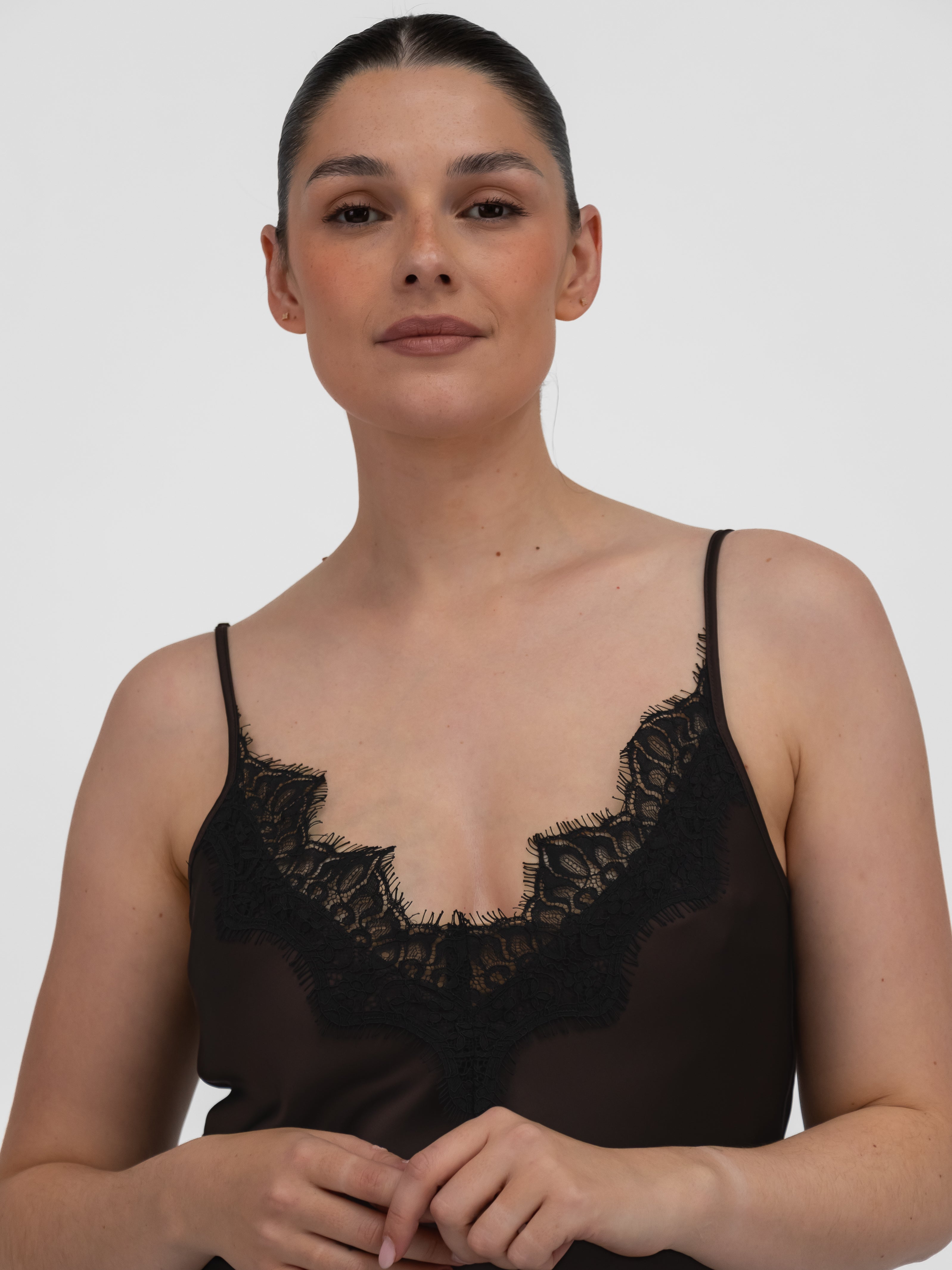 Italian Collection Dress Long Dress with Straps and Lace V-Neckline in Chocolate Brown