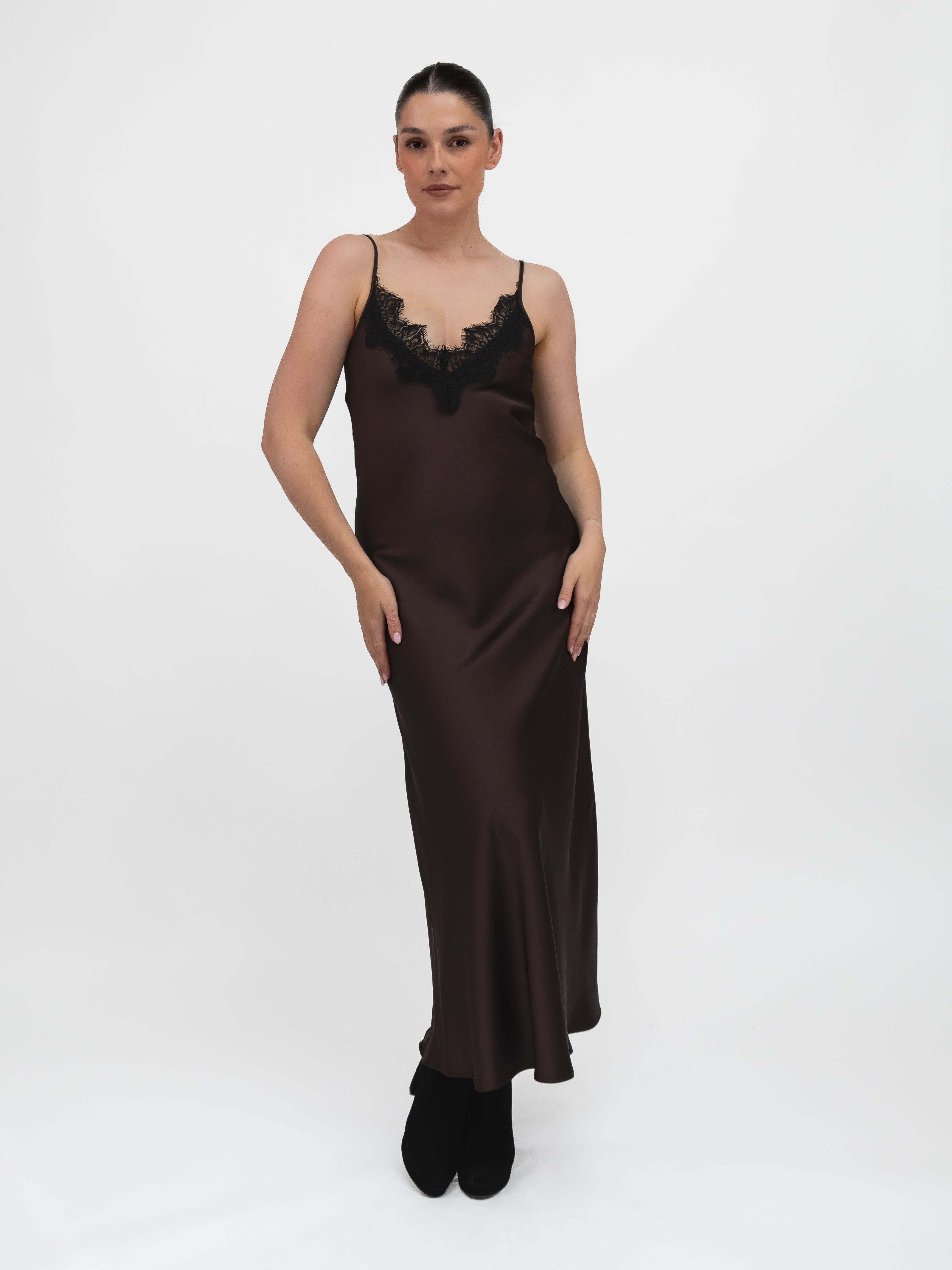 Italian Collection Dress Long Dress with Straps and Lace V-Neckline in Chocolate Brown