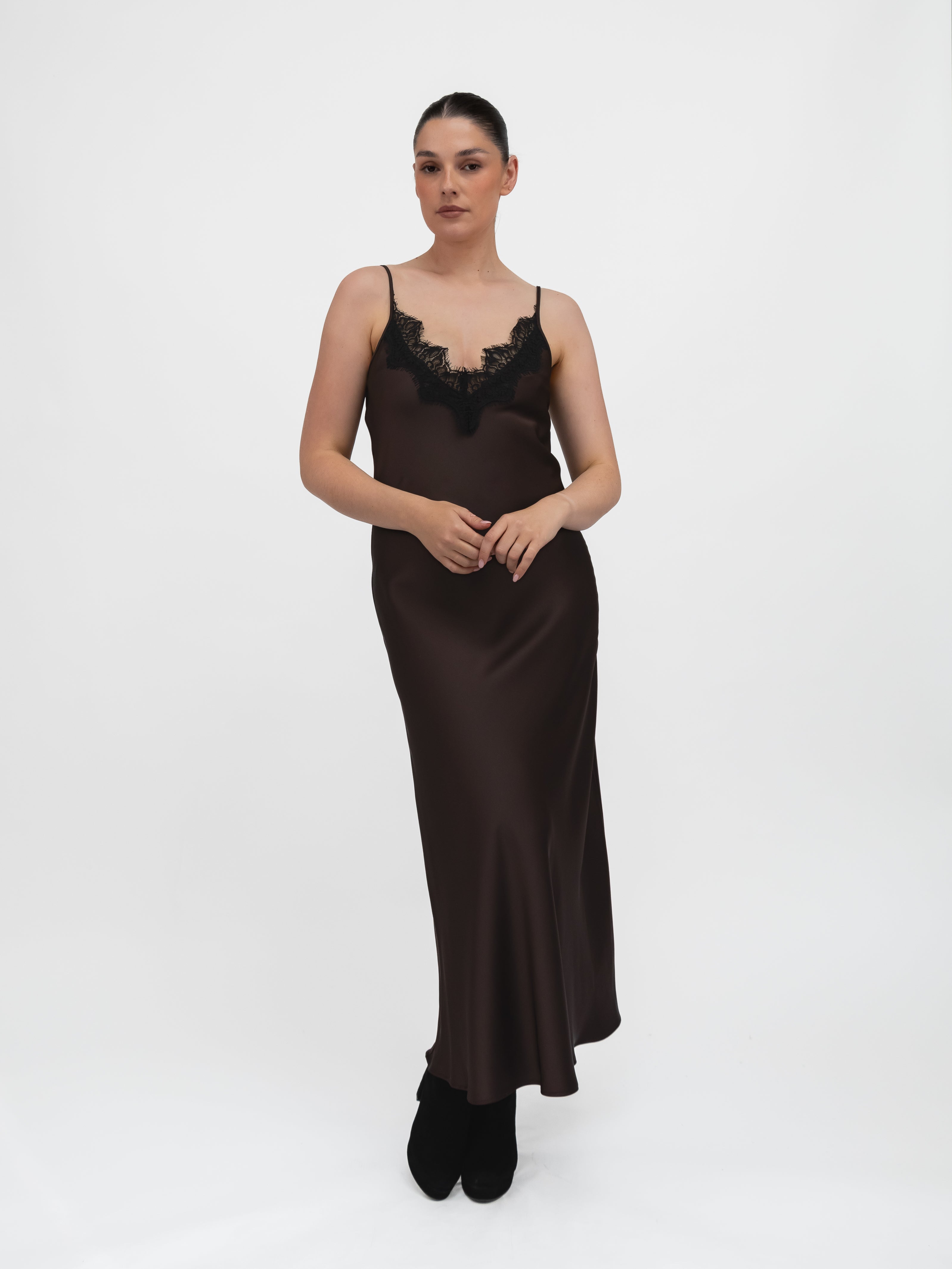 Italian Collection Dress Long Dress with Straps and Lace V-Neckline in Chocolate Brown